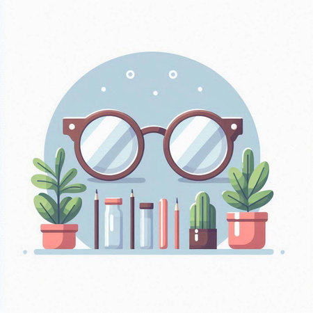 Flat design modern vector illustration concept of eyeglasses, glasses, pencils and plants.のイラスト素材