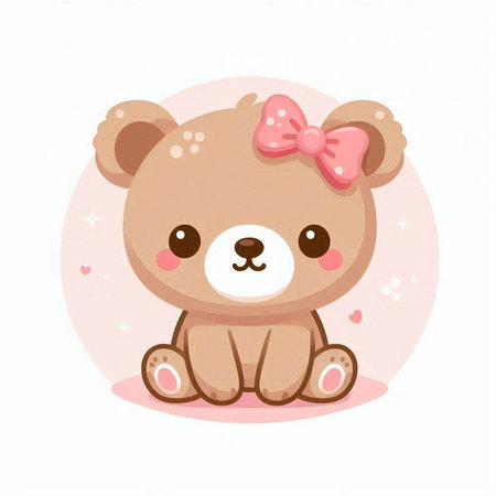 Cute teddy bear with pink bow on white background. Vector illustration.のイラスト素材
