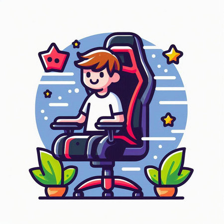 Boy playing video games on an office chair. Vector illustration in cartoon style.のイラスト素材