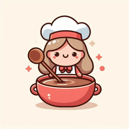 Cute chef girl cooking soup in a pot. Cute cartoon vector illustration.のイラスト素材