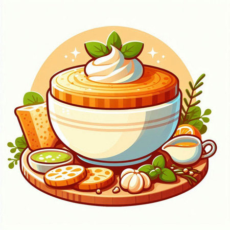 Mushroom soup in bowl and ingredients on wooden board. Vector illustration.のイラスト素材