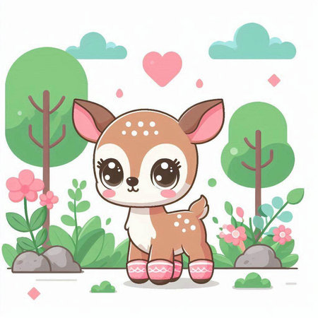 Cute little deer in the garden. Cartoon character. Vector illustration.のイラスト素材