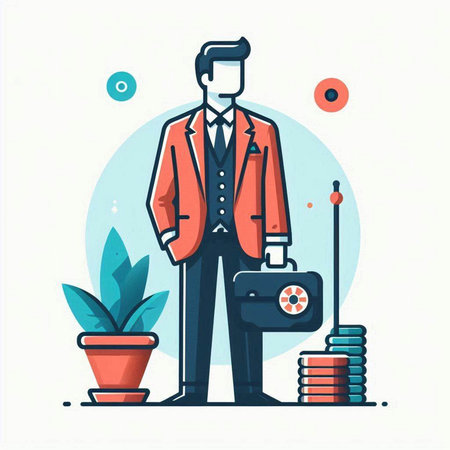 Vector illustration of a man in a business suit standing with a money box in his hands.のイラスト素材
