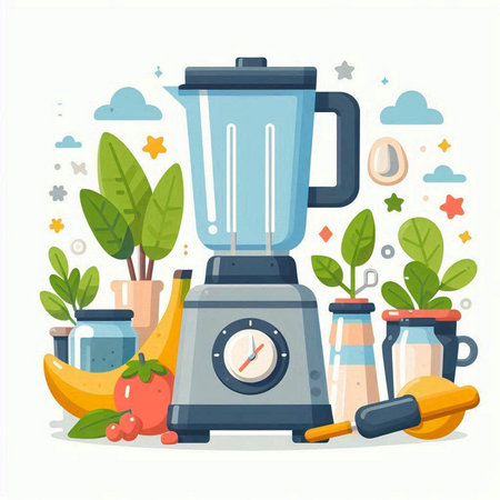 Juicer, blender, fruits and vegetables. Colorful flat vector illustration.のイラスト素材