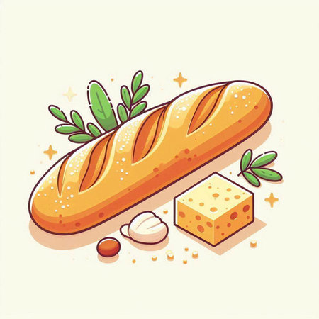 Baguette, french baguette, baguette, baguette, bread, baguette, cheese, tomato, onion, cucumber, vector illustrationのイラスト素材