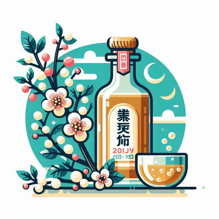Bottle of sake and cherry blossom on a white background. Vector illustration.のイラスト素材