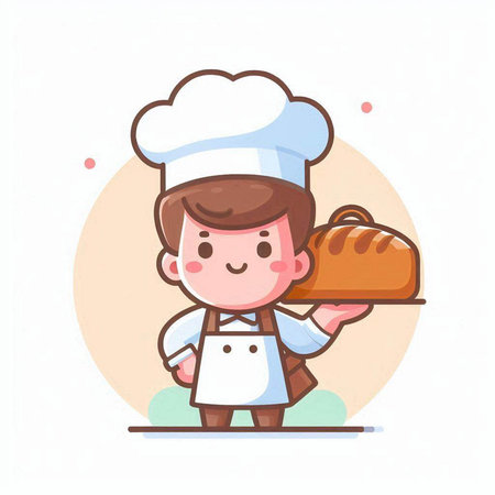 Cute chef boy and girl with bakery products. Vector illustration.のイラスト素材