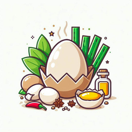 Illustration of a Chicken Egg, Vegetables, Herbs and Spicesのイラスト素材
