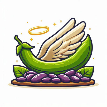 Vector illustration of green pea pod with leaves and flying bird.のイラスト素材