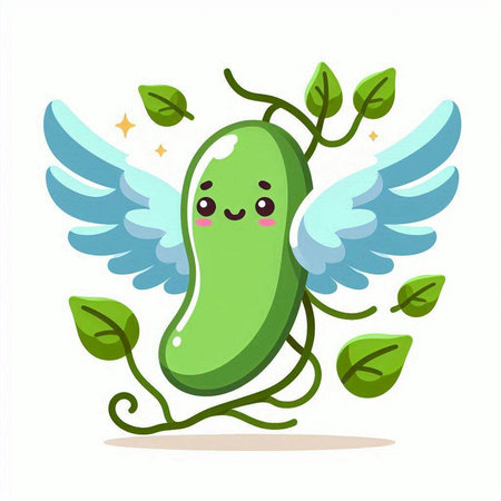 Cute cartoon green bean with wings and leaves. Vector illustration.のイラスト素材