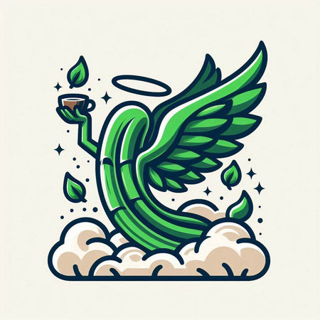Vector illustration of a green angel with a cup of coffee and leaves.のイラスト素材