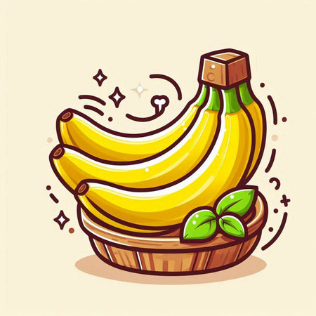 Bunch of bananas in wooden basket. Hand drawn vector illustration.のイラスト素材