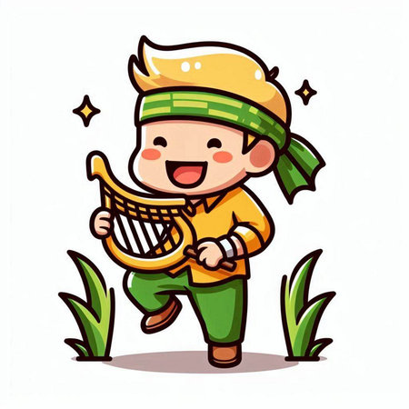Cute boy playing the harp in the garden. Vector illustration.のイラスト素材