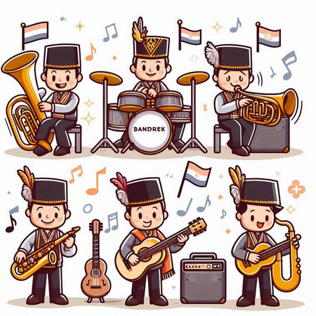Cartoon musician playing different musical instruments. Vector illustration isolated on white background.のイラスト素材