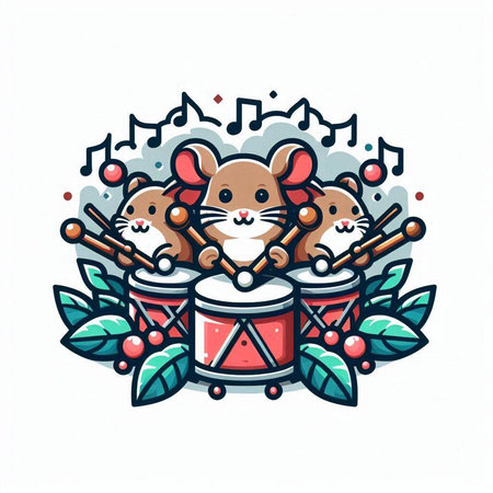 Cute cartoon mouse with musical notes and drumsticks. Vector illustration.のイラスト素材