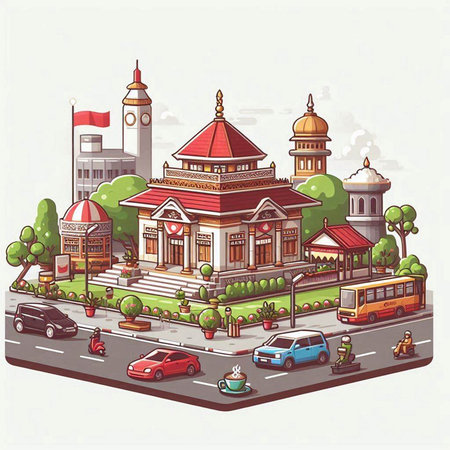 Vector illustration of the city street with a mosque and a bus.のイラスト素材
