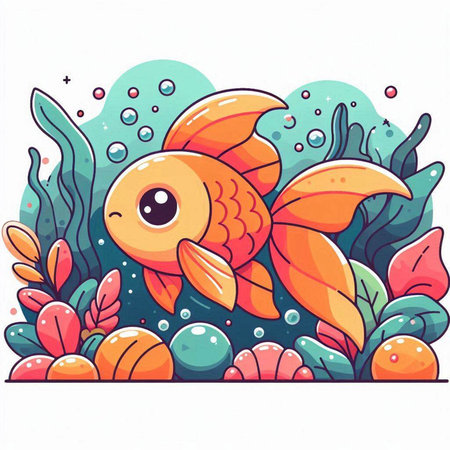 Cute cartoon goldfish in the water. Hand drawn vector illustration.のイラスト素材