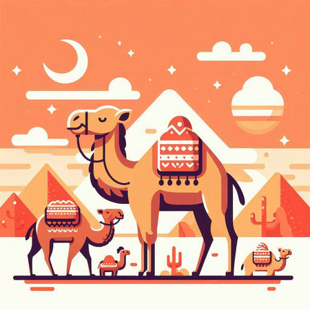 Camel in the desert. Vector illustration in flat design style.のイラスト素材