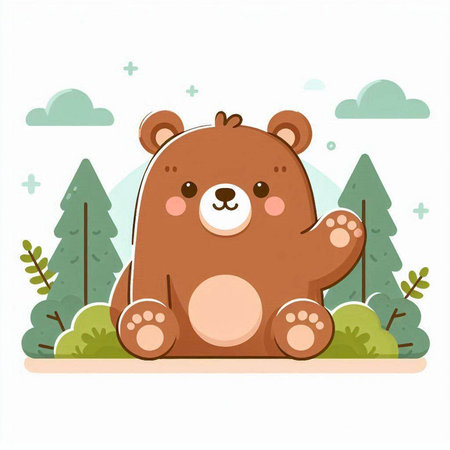 Cute cartoon bear sitting on the ground in the forest. Vector illustration.のイラスト素材