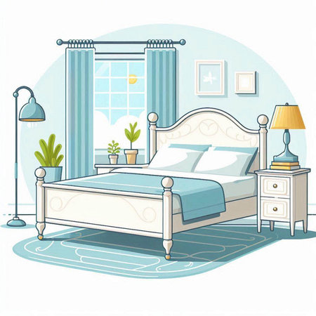 Bedroom interior. Vector illustration in cartoon style. Bedroom with blue curtains.のイラスト素材