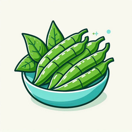 Illustration of fresh green peas in a bowl on a white backgroundのイラスト素材