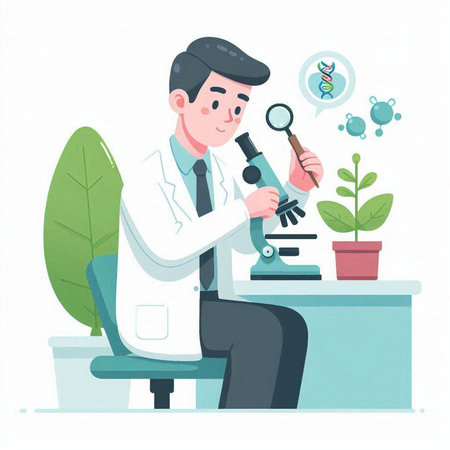 Vector illustration of a scientist working in a laboratory with microscope and plantsのイラスト素材