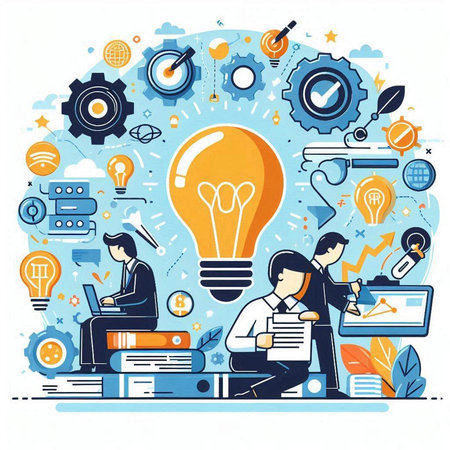 Flat design vector illustration concept of creative process, brainstorming, teamwork, innovation, new ideas, brainstorming.のイラスト素材