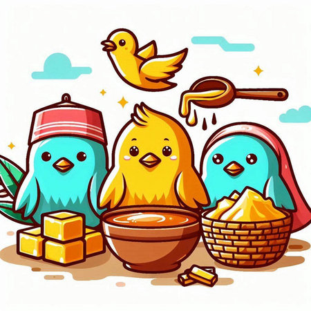 Illustration of a Cute Birds and Food in a Basketのイラスト素材
