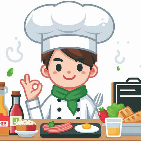 Illustration of a Cute Male Chef Serving Food on a Plateのイラスト素材