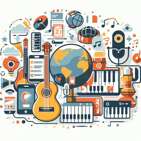 Music background with musical instruments. Vector illustration in flat design style.のイラスト素材