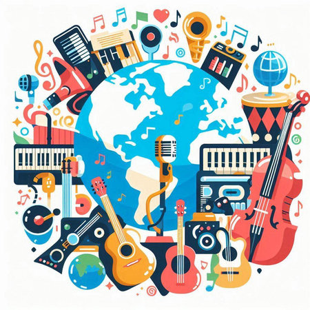Music background with instruments and world map. Colorful vector illustration.のイラスト素材