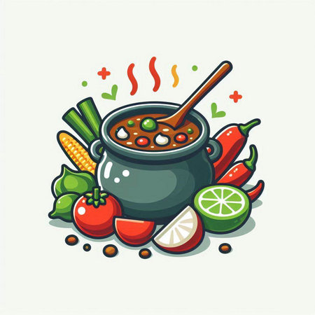 Illustration of a cauldron of spicy soup with vegetables and spicesのイラスト素材