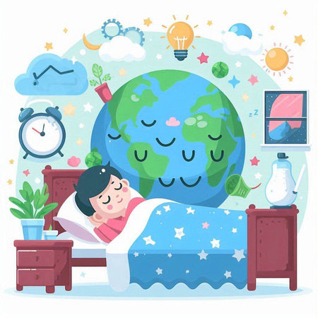 Girl sleeping in bed with world globe. Vector illustration in cartoon styleのイラスト素材