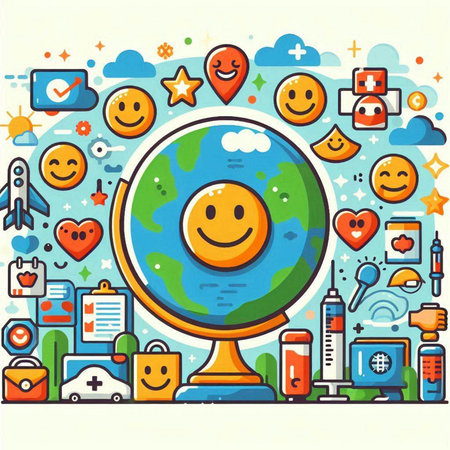 Vector illustration of globe with smiley face and social media icons.のイラスト素材