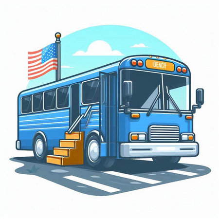 Blue school bus with American flag on the side. Vector illustration.のイラスト素材