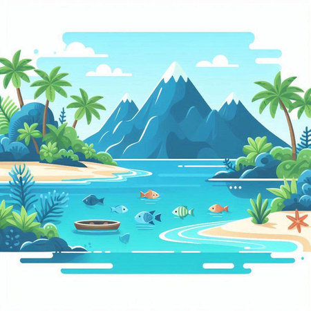 Tropical island with palm trees, fishes and sea. Vector illustrationのイラスト素材