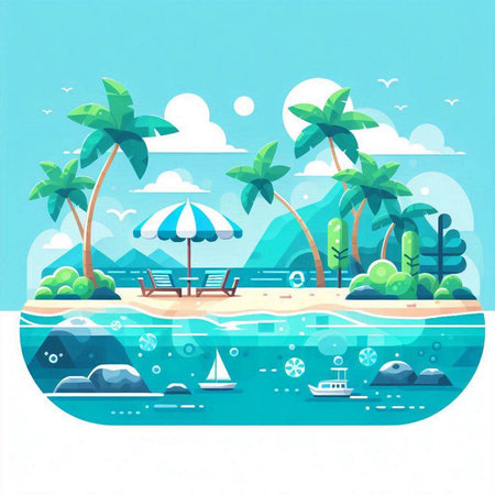 Summer beach vector illustration in flat cartoon style with palm trees, blue sky and sea.のイラスト素材