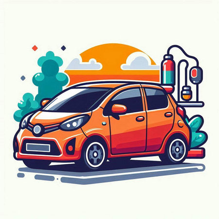 Vector illustration of orange hatchback car on the road with gas station.のイラスト素材