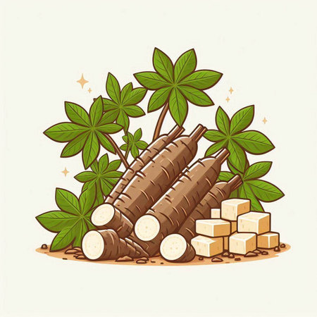 Taro roots with leaves and sugar cubes. Vector illustration in cartoon style.のイラスト素材