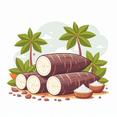 Vector illustration of sugarcane and coconut on the white background.のイラスト素材