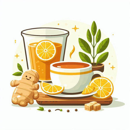 Cup of tea with ginger, lemon and mint. Vector illustrationのイラスト素材