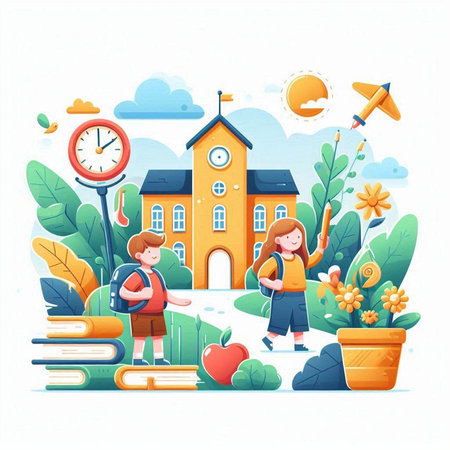 Back to school concept. Cute children with books, backpack and school building. Vector illustrationのイラスト素材
