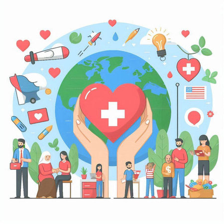 World health day concept with people holding red heart. Vector illustration.のイラスト素材