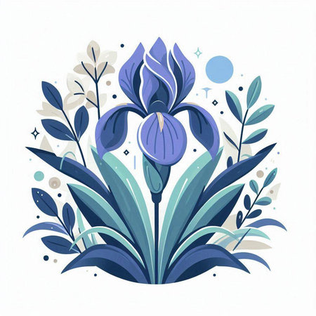 Blue iris flower with leaves. Floral background. Vector illustration.のイラスト素材