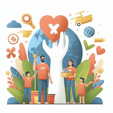 Volunteers and volunteers with donation symbols. Flat vector illustration.のイラスト素材
