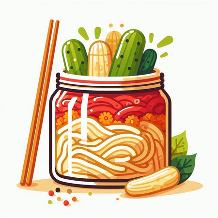Illustration of a jar of pickled vegetables with chopsticks.のイラスト素材