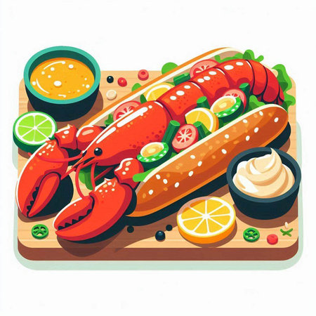 Lobster hot dog on wooden board with sauces. Vector illustration.のイラスト素材