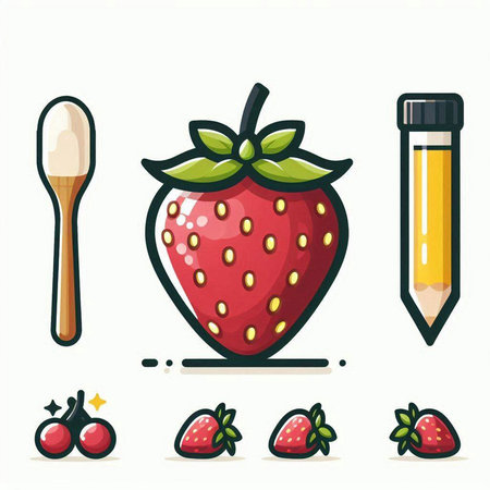 Strawberry and pencil icon set. Vector illustration isolated on white background.のイラスト素材