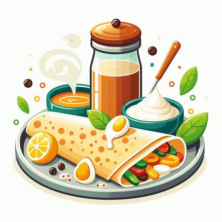 Crepes with sauce and ingredients. Vector illustration in cartoon style.のイラスト素材