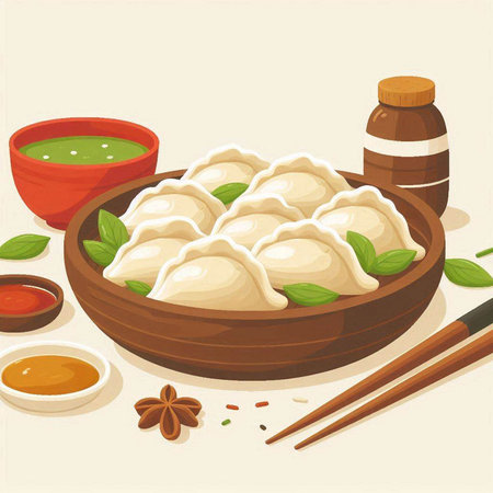 Vector illustration of dumplings in wooden bowl with sauce and chopsticksのイラスト素材